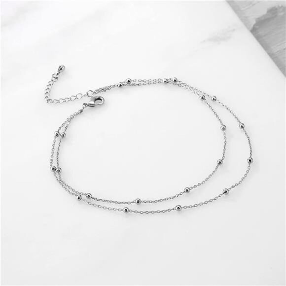 Dainty Layered Anklet,14K Gold Filled Cute Beads Satellite Chain Heart Boho - Picture 6 of 8